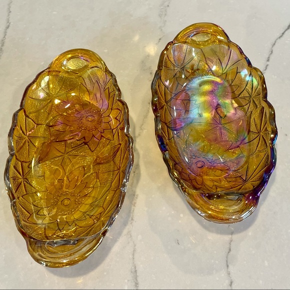🌟VINTAGE🌟 Indiana Glass Co. Carnival Glass Lily Pons Relish Bowls - Set of 2 - Picture 4 of 8